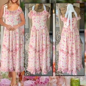 Petal and Pup Ruffle Button Down Detail Tie Strap Pink Zenith Maxi Dress Size: L
